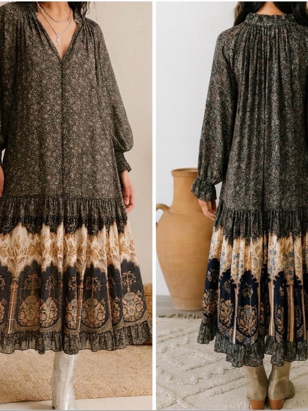 Free People Navy & Cream Boho Tiered Maxi Dress
